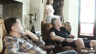 Sweet and horny 19yo fucks grandpa and takes cumshot in her mouth swallows