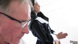 Horny teen nun strips and fucks an old man in the confessional