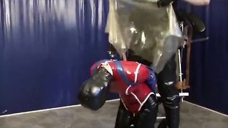 Latex Slave Girl gives Blowjob with Breath Control Gasmask + Urine Inhaler