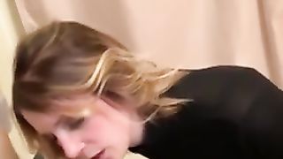 Handcuffed Hotwife Sucks Cock on Toilet
