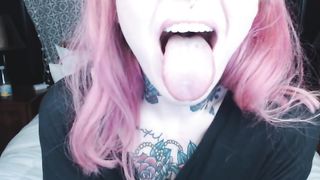 Pink Haired Girl Holds Mouth Wide Open for you ;)