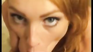 Beautiful Redhead Blue Eyes Give Head in Bathroom, Swallow and get Caught