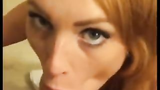 Beautiful Redhead Blue Eyes Give Head in Bathroom, Swallow and get Caught