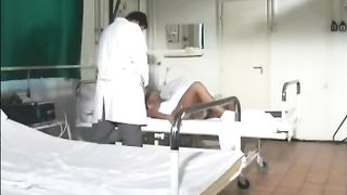 Threesome with a blonde nurse in white stockings