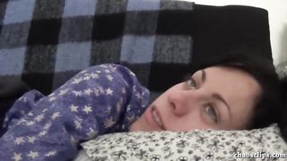 Sleepy Girlfriend in Pajamas Playing with Nipples