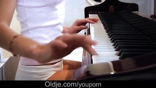 Cutie teen shows real fucking to old guy caught masturbating to porn