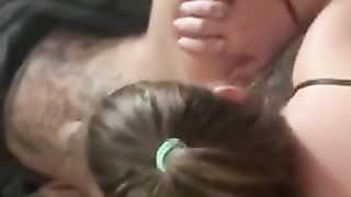 Fuckin my Wife Hard from the back while she Sucks on our GF Wet Pussy