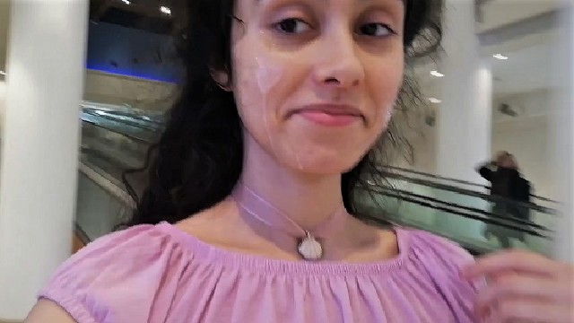 Public Cum Walk - Public Cumwalk at the Mall!!! Sissi goes around with her Face Full of Sperm