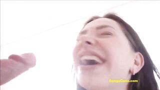 Tattooed guy cum on her face after anal sex