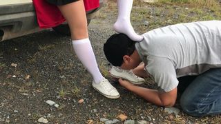 Femdome Slave Lick Shoes School Girl Kiss and Sniff Feet