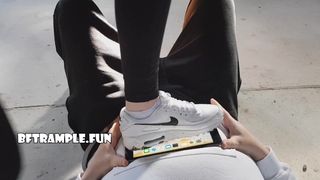 2 GIRLS CRUSH IPAD ON SLAVES STOMACH WITH NIKE TENNIS & AIR MAX 90