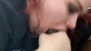Redhead BBW gives wet sloppy head, licking and swallowing a lot of BBC cum
