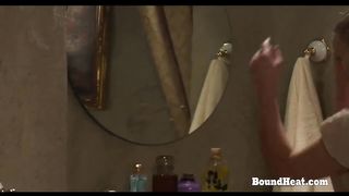 Young busty blonde lesbian slave wears nice dress for meeting with mistress