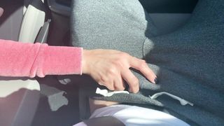 Young Latina GF Jerking Bf's Big White Cock in the Car for a Cumshot